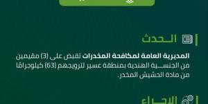 القبض على (3) مقيمين بمنطقة عسير روّجوا (63) كجم من الحشيش