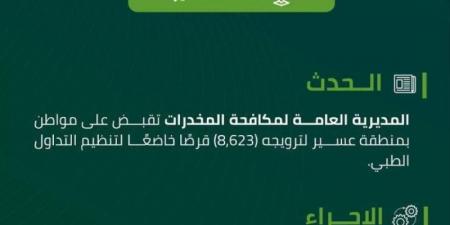 مخدرات عسير تقبض على مواطن لترويجه (8,623) قرصًا خاضعًا لتنظيم التداول الطبي