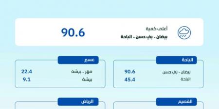 البيئة ترصد هطول أمطار في (7) مناطق والباحة تسجّل أعلى كمية بـ(90.6) ملم في بيضان