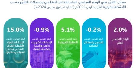الإحصاء: ارتفاع الرقم القياسي للإنتاج الصناعي بنسبة 2.0% خلال شهر مارس 2025