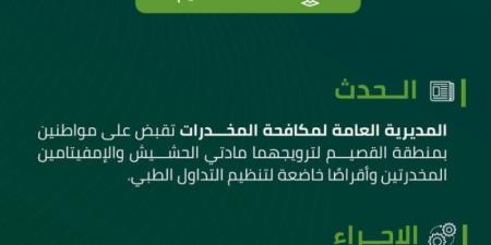 مكافحة المخدرات تقبض على شخصين بالقصيم لترويجهما مواد مخدرة