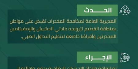 المخدرات تقبض على شخص بمنطقة القصيم لترويجه مواد مخدرة