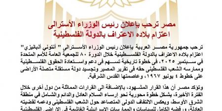 مصر ترحب بإعلان رئيس الوزراء الأسترالى اعتزام بلاده الاعتراف بالدولة الفلسطينية